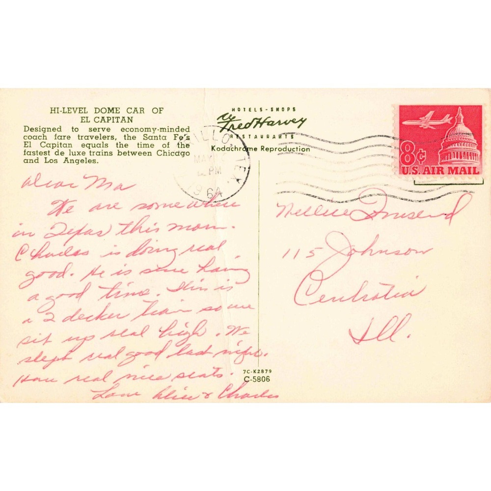 Vintage 1964 Santa Fe El Capitan Hi-Level Dome Car Postcard Fred Harvey Train - Picture 2 of 2